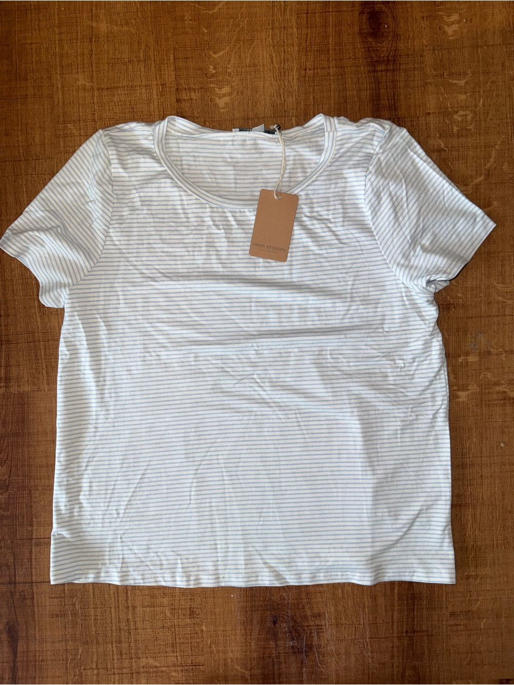 White Short Sleeve Crewneck Top with Light Blue & Gray Stripes - Picture 1 of 2